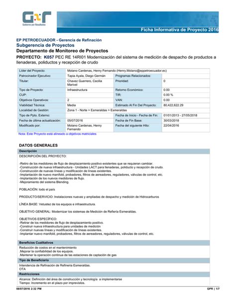 Ficha Informativa De Proyecto 2016 Subgerencia De Proyectos