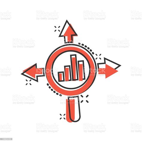 Market Trend Icon In Comic Style Growth Arrow With Magnifier Cartoon Vector Illustration On