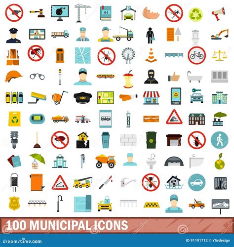 100 Municipal Icons Set Flat Style Stock Vector Illustration Of Bike