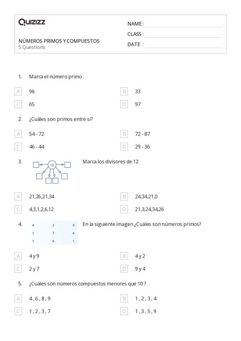 50 Números primos y compuestos hojas de trabajo para Grado 1 en