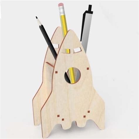 Laser Cut Wooden Rocket Shape Pencil Holder Desk Organizer Cdr And Dxf