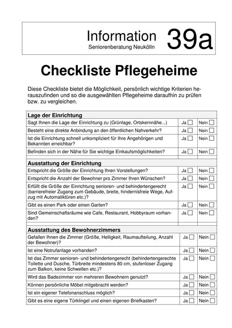 A Checkliste Pflegeheime Seniorenberatung Neuk Lln