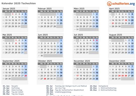 Kalender Tschechien 2025 mit Feiertage