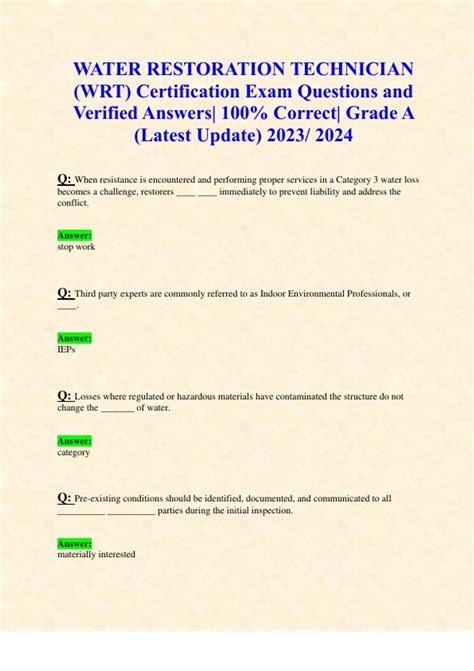 Water Restoration Technician Wrt Certification Exam Questions And