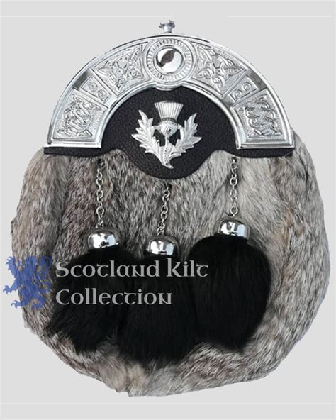 Thistle Grey Rabbit Fur Sporran Scotland Kilt Collection