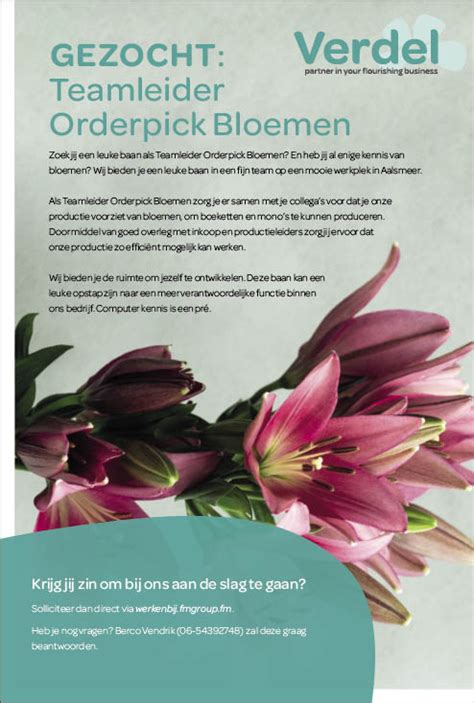 Vacature Teamleider Orderpick Bloemen 98952 Nieuwe Meerbode