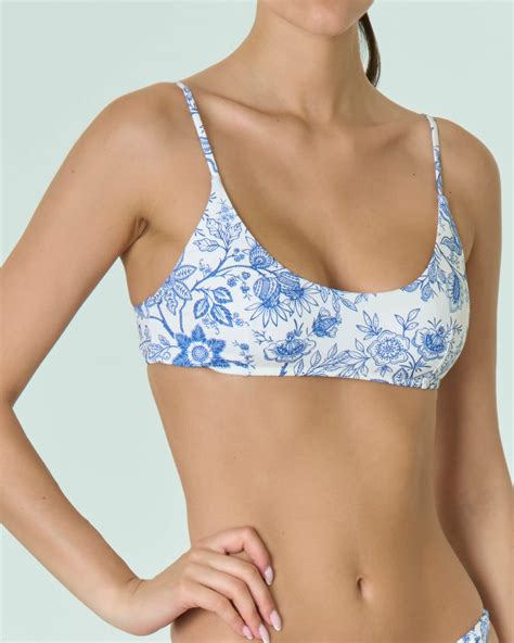 Bikini Bianco A Stampa Floreale Blu Con Reggiseno A Bralette