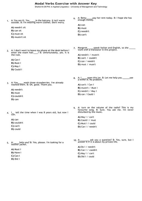 Solution Modal Verbs Exercise With Answer Key Studypool