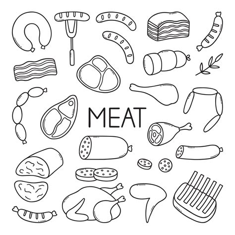 Meat Doodle Set Sausages Steaks Ribs Pork Beef In Sketch Style