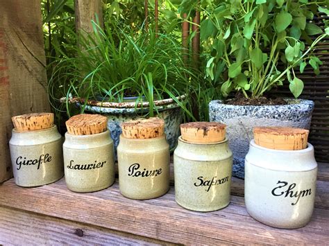 Vintage French Spice Jars With Lovely Corks Set Of Five Glazed