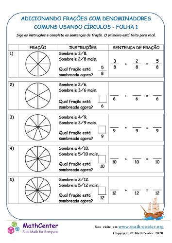 Adicionar Frações Com Denominadores Comuns Círculos Folha 1