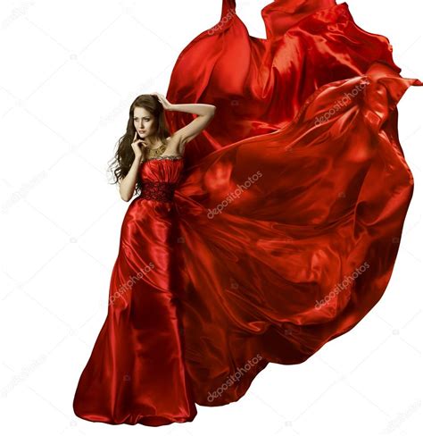 Woman Beauty Fashion Dress Girl In Red Elegant Silk Gown Waving Fabric