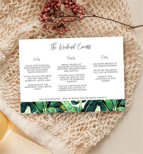 Printable Bachelorette Itinerary Template Tropical Greenery Etsy