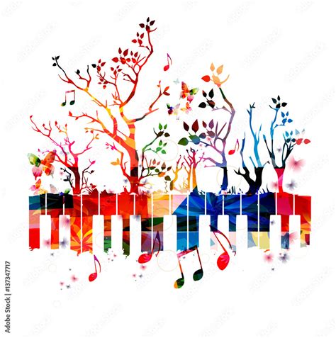 Colorful Piano Keyboard With Trees And Music Notes Music Instrument