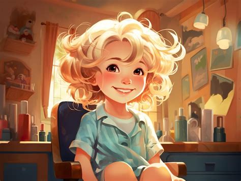 Salon De Coiffure Pour Enfants Petite Fille Blonde Souriante Avec Son Nouveau Look De Cheveux