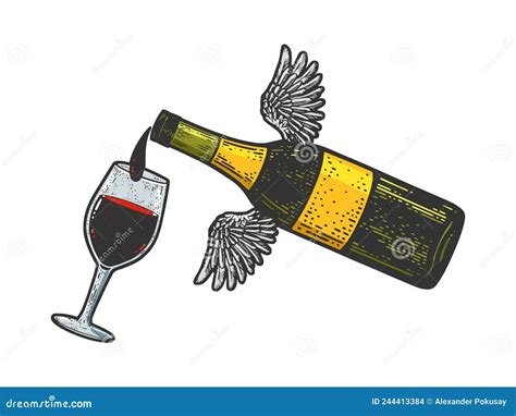 Flying Bottle Pours Wine Into Glass Color Vector Stock Vector Illustration Of Bottle Style