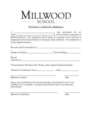 Fillable Online Millwoodschool Permission To Administer Medication