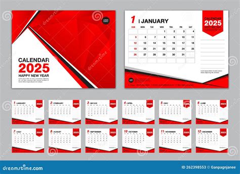 Calendar 2025 template set vector, week starts sunday, set of 12 month, desk calendar 2025 year