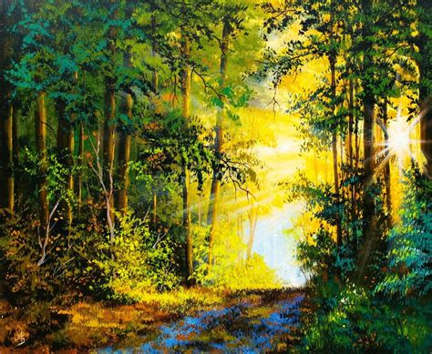 Nature Painting on Canvas, Forest Painting, Nature Art, Trees Painting, Landscape Scenery, Sun ...