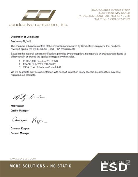 RoHs and REACH Certificate - Conductive Containers, Inc.