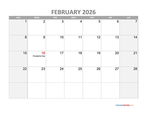 Download and print 2026 February Calendar With Holidays (Free PDF)