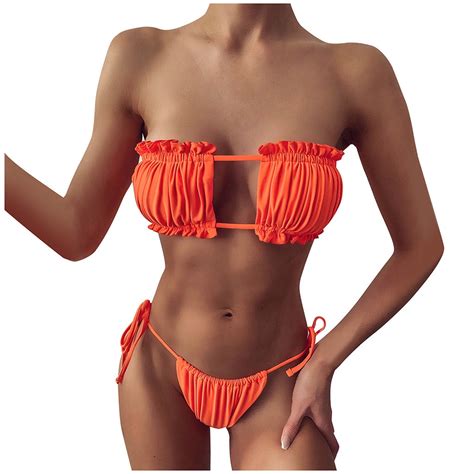 Bsdjilfg Bikini Set For Women Solid V Neck Knot Front Push Up High Leg Thong Two Piece