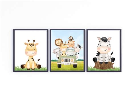 Set of 3 Safari Animals in Jeep Digital Print, Nursery Decor, Baby Lion, Tiger, Elephant, Zebra ...