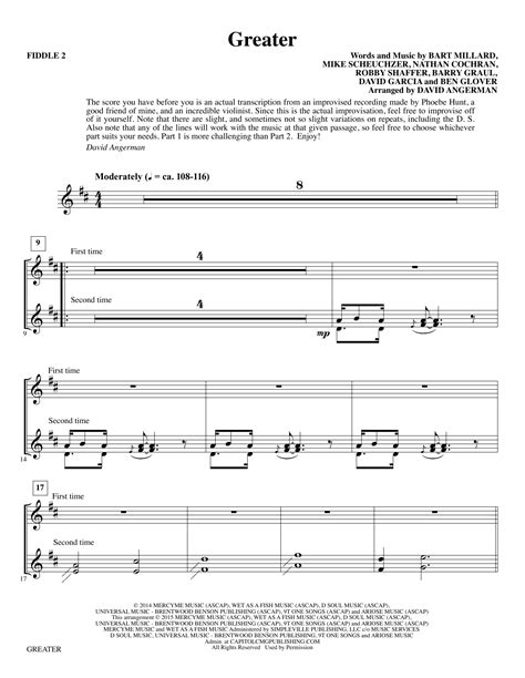 Greater Arr David Angerman Fiddle 2 By Mercyme Sheet Music For Choir Instrumental Pak At