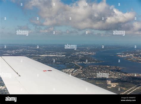 Aerial view of city Bradenton, Florida. Approach to land at the airport ...