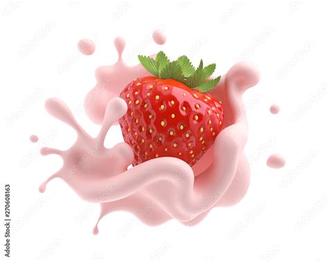 Strawberry Falling Into Pink Milk Or Yogurt Splash D Illustration