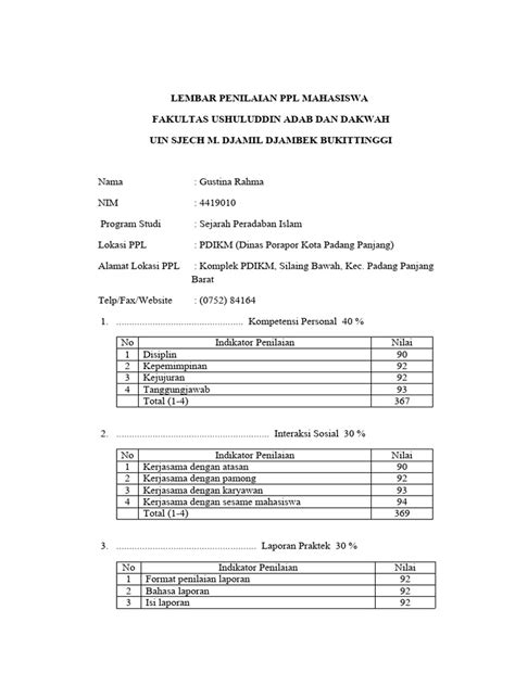 Lembar Penilaian Ppl Mahasiswa Pdikm Pdf