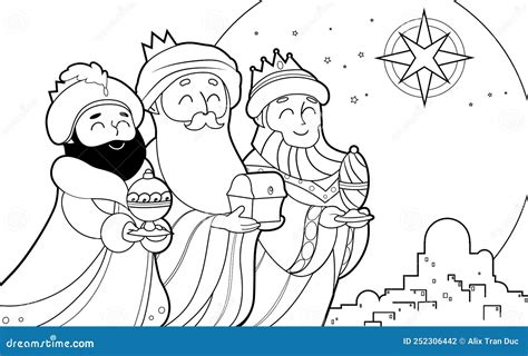 Three Wise Men With Ts To Bethlehem Coloring Page Stock Vector