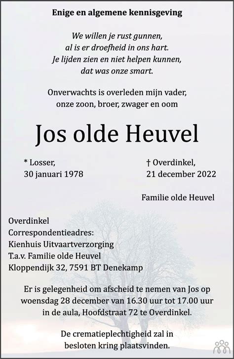 Jos Olde Heuvel 21 12 2022 Overlijdensbericht En Condoleances