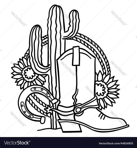 Cowboy Boots And Cactus Countryside Hand Drawn Vector Image