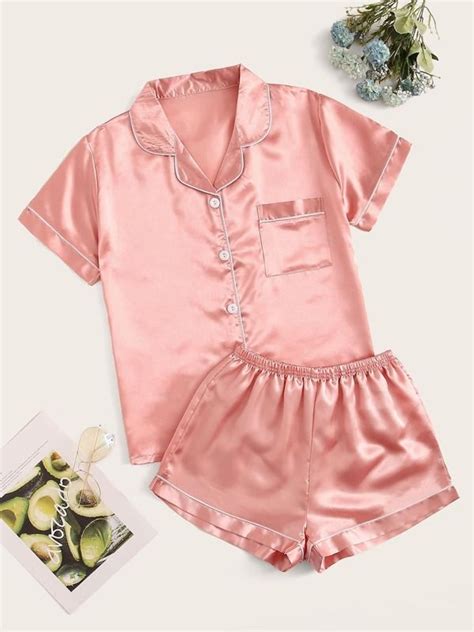 Conjunto De Pijama De Satén Unido En Contraste Moda De Mujer Pijama