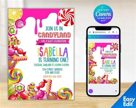 Editable Candy Birthday Invitation Candyland Birthday Candyland