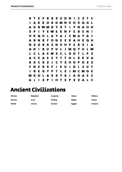 Free Printable Ancient Civilizations Themed Word Search Puzzle Free Printable Pdf