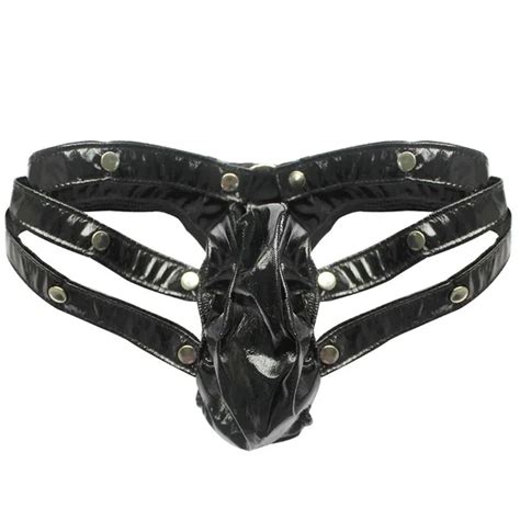 Mens Sexy Wet Look Metal Rivets Underwear G String T Back Thong Sexy Gay Mens Patent Leather G