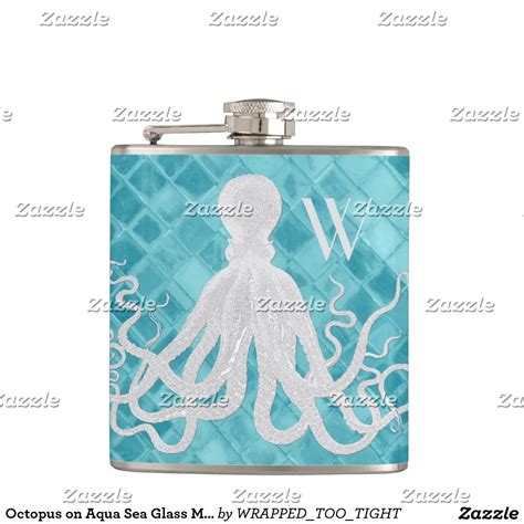 Octopus On Aqua Sea Glass Monogram Hip Flask Flask Aqua