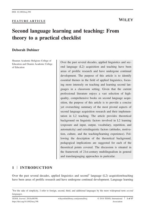 Pdf Second Language Learning And Teaching From Theory To A Practical