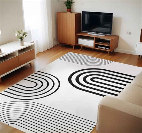 thin minimalist black arcs white rug