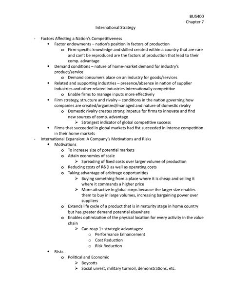 Chapter Summary Strategic Management Creating Competitive