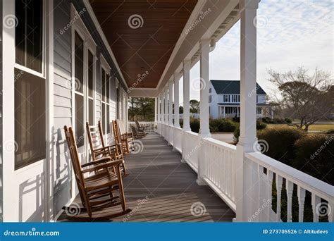 Cape Cod House With Wraparound Porch And Rocking Chairs Stock