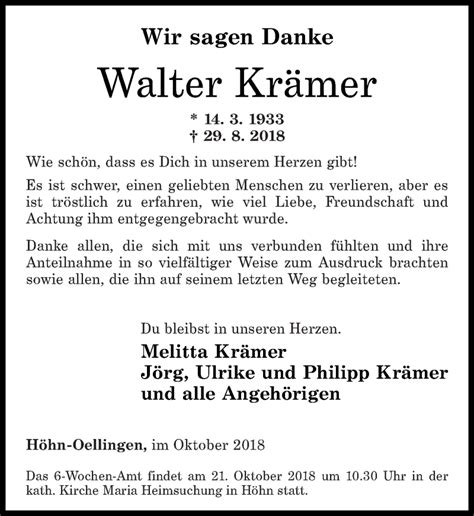 Traueranzeigen von Walter Krämer rz trauer de