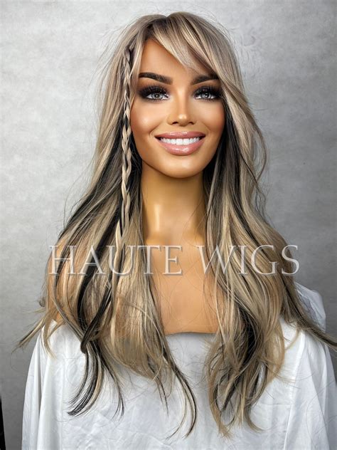 24 Inch Long Sexy Blonde Wig W Black Highlights Lowlights Womens Hair Haute Wigs