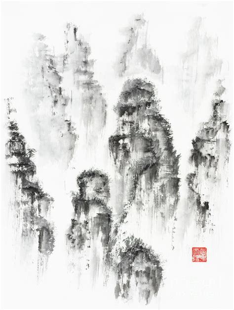 Zen Sumi E Painting On White Rice Paper Of A Landscape Scenery O