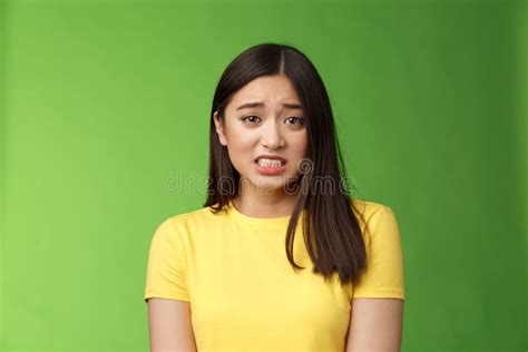 Anxious Worried Cute Asian Girl Brunette Clench Teeth Frowning Shaking From Fear Look Guilty