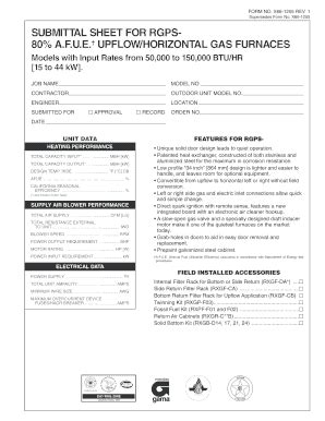 Fillable Online SUBMITTAL SHEET FOR RGPS 80 AFUE Ruudcom Fax Email