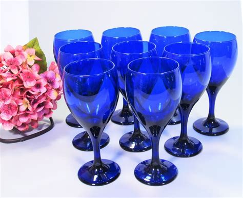 Cobalt Blue Glasses Set Of 9 Wine Or Water Goblets The Etsy Blue Glasses Water Goblets