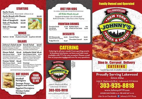 Johnnys Pizza Printable Menu